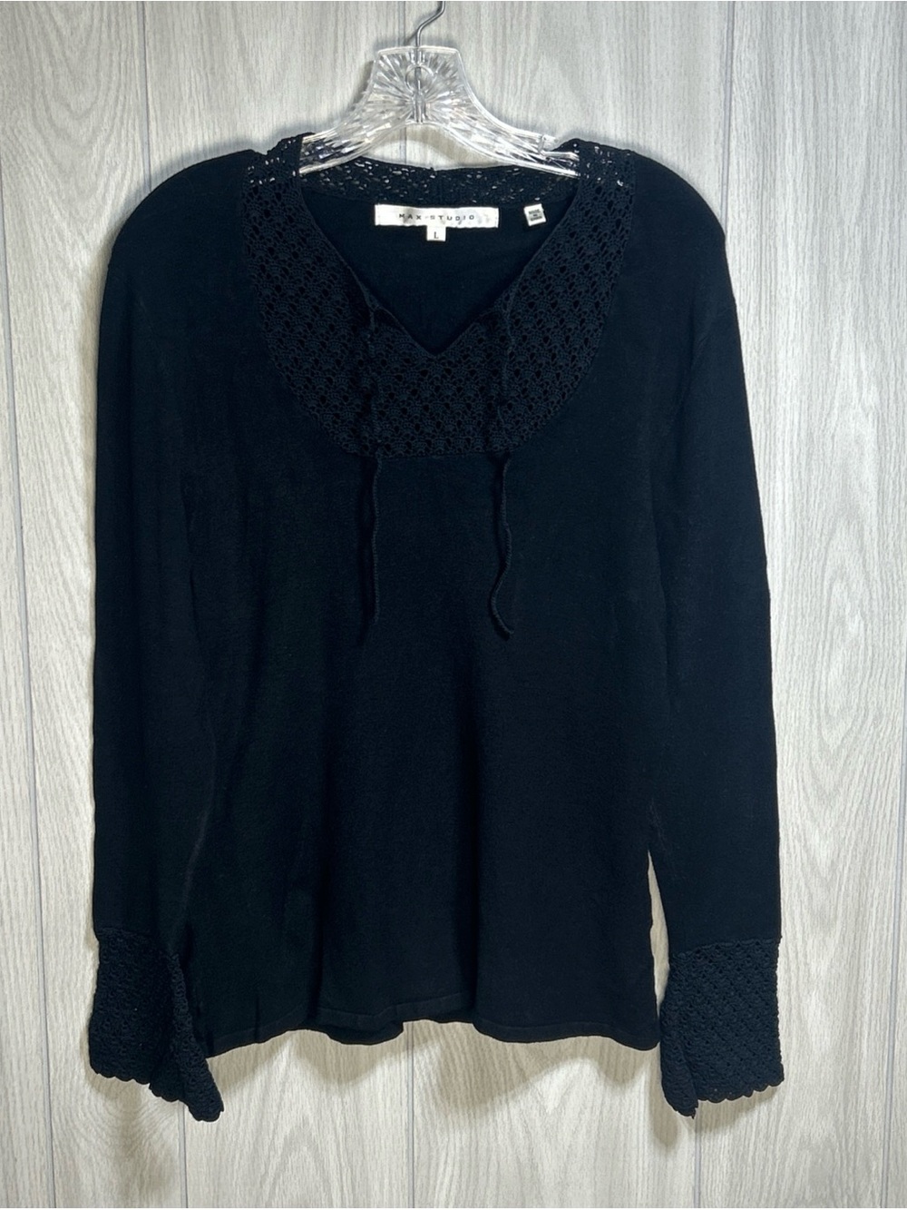 Max Studio Black Long Sleeve Sweater Crochet Yoke and Cuffs Size Large